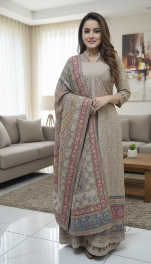 Beige Kashmiri Print Winter Suit Set with Shawl