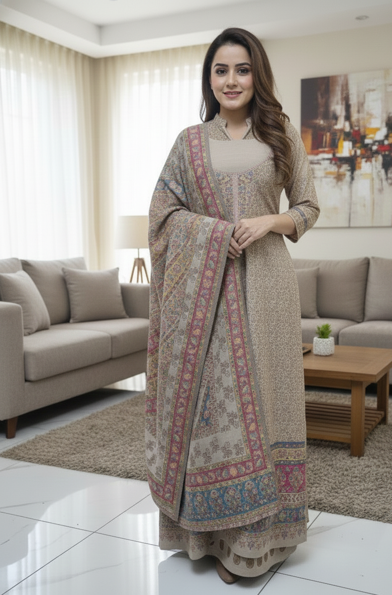 Beige Kashmiri Print Winter Suit Set with Shawl Beige Kashmiri Print Winter Suit Set with Shawl