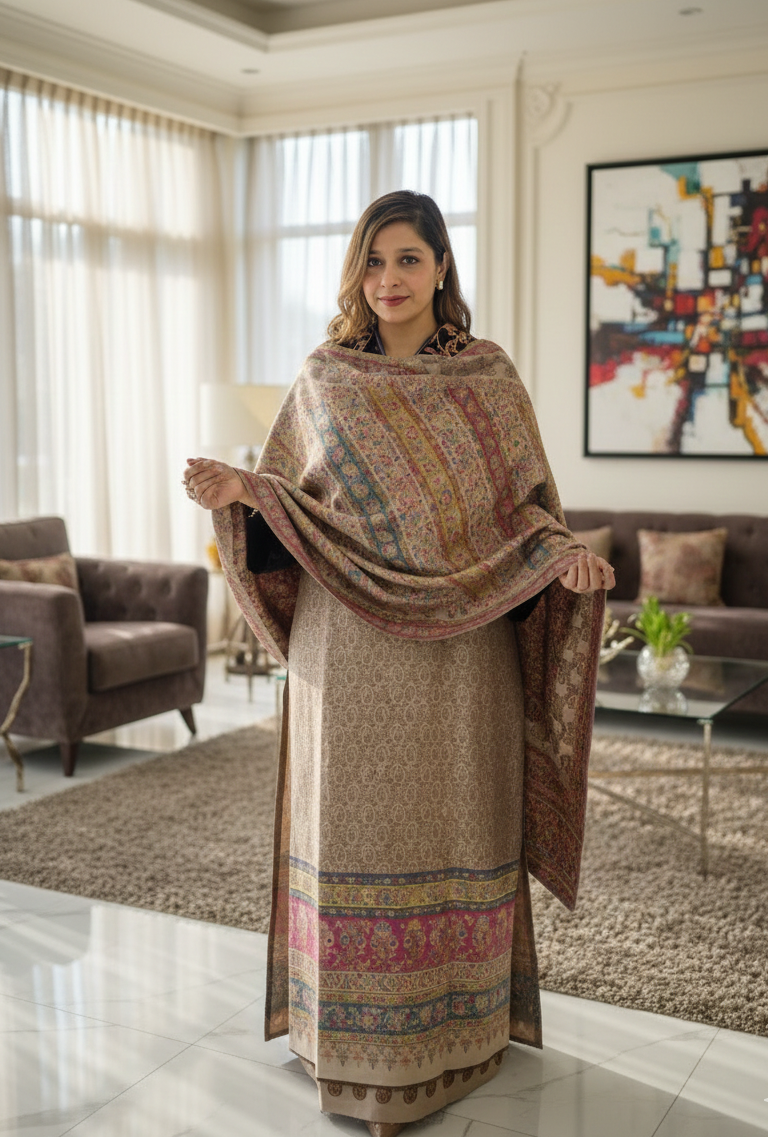 auto draft Beige Kashmiri Print Winter Suit Set with Shawl