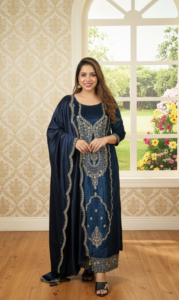 Landing Page Midnight blue velvet embroidered winter suit set