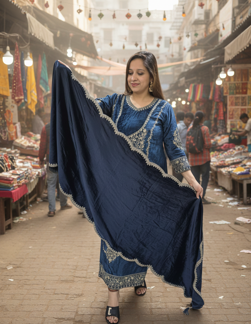 midnight blue velvet embroidered winter suit set midnight blue velvet embroidered winter suit set