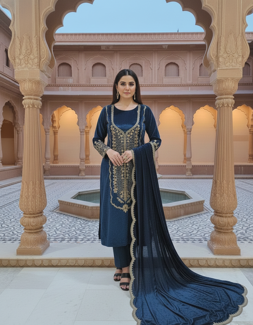 Midnight blue velvet embroidered winter suit set Midnight blue velvet embroidered winter suit set