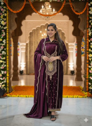 Wine Velvet Embroidered Winter Suit Set