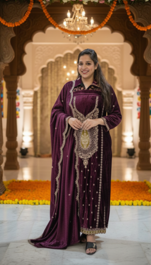 All Products Wine Velvet Embroidered Winter Suit Set