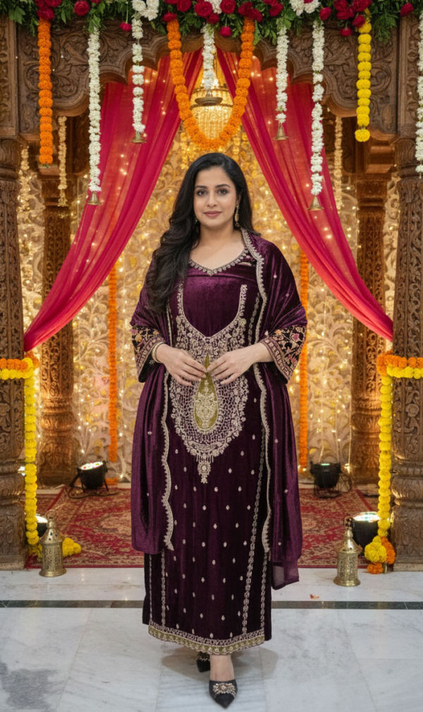 wine velvet embroidered winter suit set wine velvet embroidered winter suit set