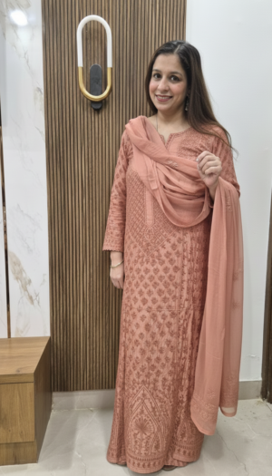 All Products peach embroidered summer suit set