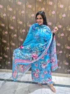 blue floral printed suit set with dupatta