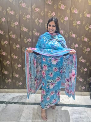 blue floral printed suit set with dupatta