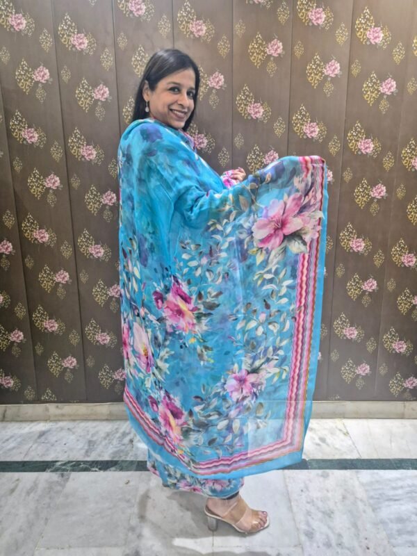 blue floral printed suit set with dupatta