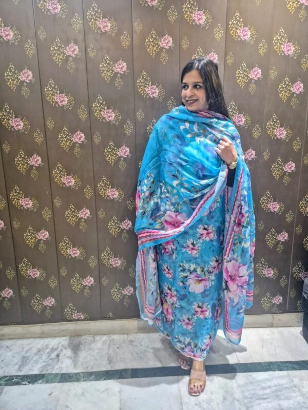 blue floral printed suit set with dupatta