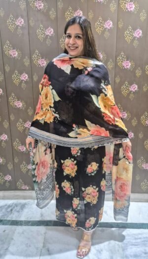 All Products black floral printed suit set with dupatta for women