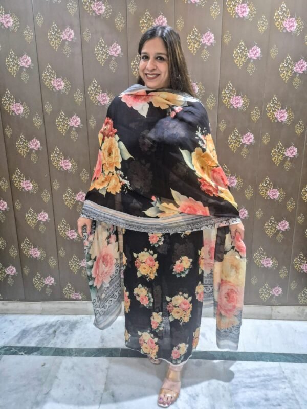 black floral printed suit set with dupatta for women