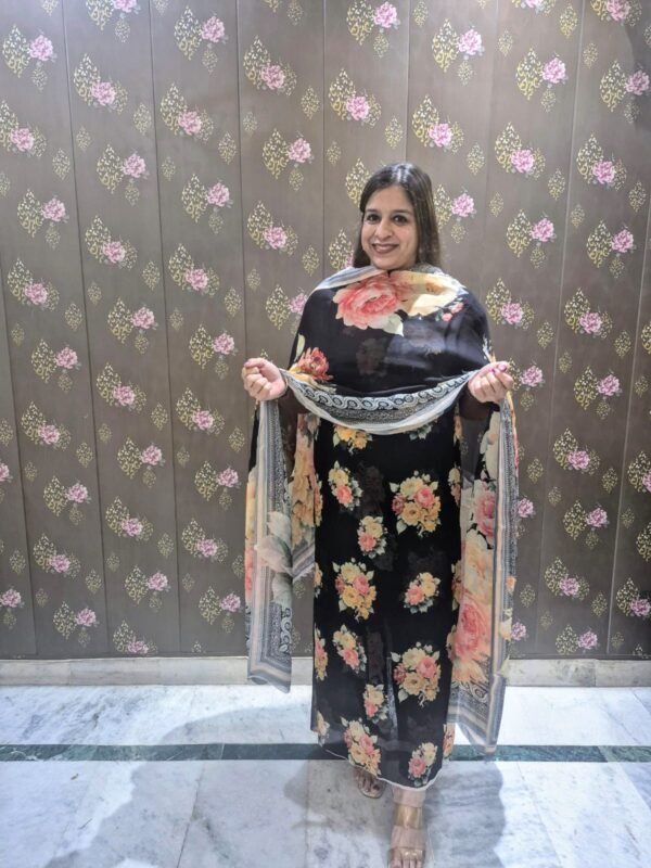 black floral printed suit set with dupatta for women