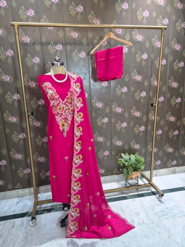 rani pink modal embroidered suit set with dupatta