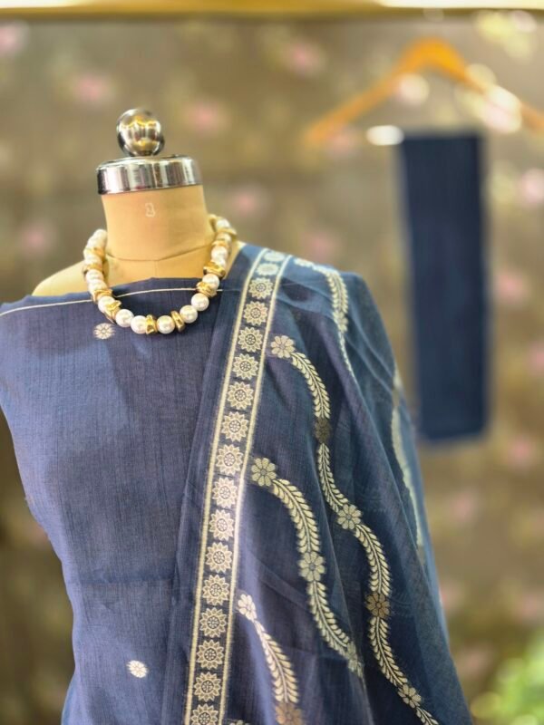 jamdani linen embroidered suit set with dupatta