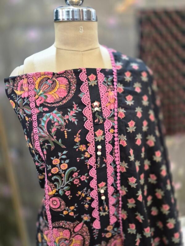 black floral cotton suit set for women with printed dupatta | elegant designer ethnic wear | house of kaur Black floral printed cotton salwar suit with dupatta displayed on mannequin, elegant ethnic wear for women by House of Kaur