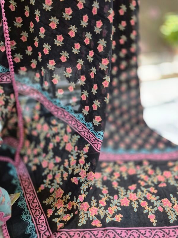 black floral cotton suit set for women with printed dupatta | elegant designer ethnic wear | house of kaur Black floral printed cotton salwar suit with dupatta displayed on mannequin, elegant ethnic wear for women by House of Kaur