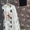 off white floral printed suit set with black dupatta & embroidered panel off white floral printed suit set with black dupatta & embroidered panel
