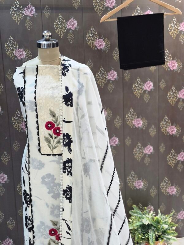 off white floral printed suit set with black dupatta & embroidered panel off white floral printed suit set with black dupatta & embroidered panel