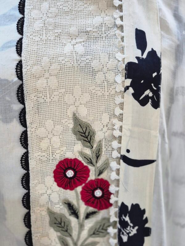 off white floral printed suit set with black dupatta & embroidered panel off white floral printed suit set with black dupatta & embroidered panel