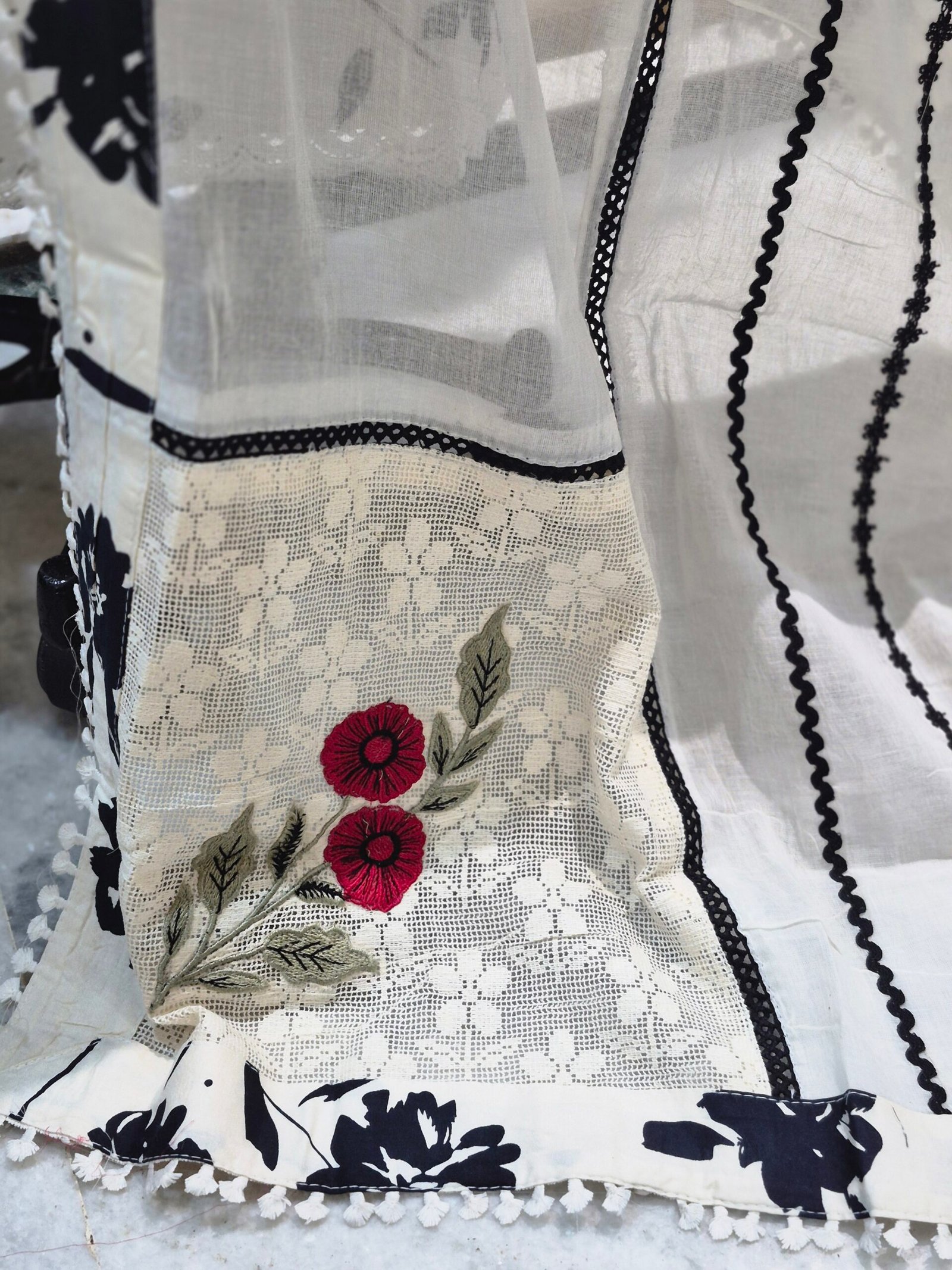 off white floral printed suit set with black dupatta & embroidered panel off white floral printed suit set with black dupatta & embroidered panel