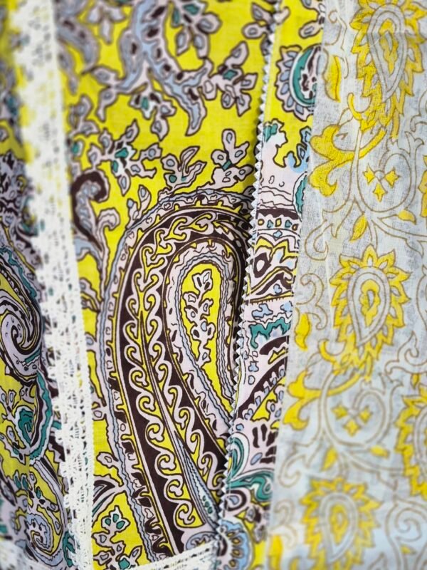 Yellow cotton salwar suit with printed kurta, cotton bottom and cotton dupatta displayed on mannequin in premium studio setup