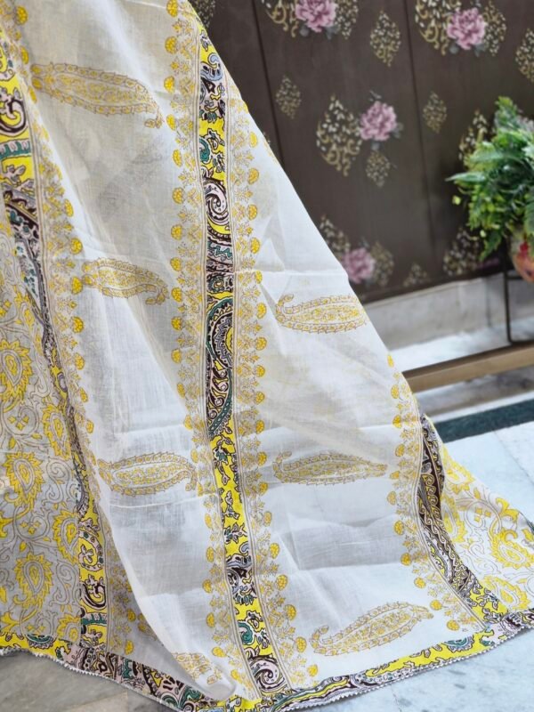 Yellow cotton salwar suit with printed kurta, cotton bottom and cotton dupatta displayed on mannequin in premium studio setup