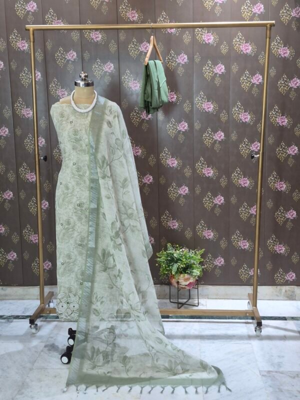 sage green linen cotton suit set for women | pastel designer ethnic wear – house of kaur