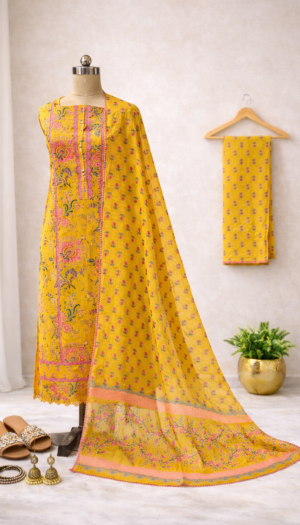 Landing Page mustard yellow floral cotton suit set for women