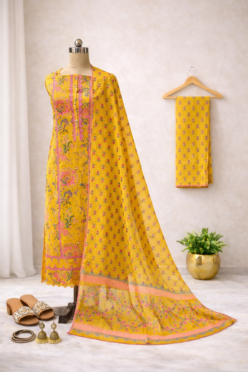 mustard yellow floral cotton suit set for women with printed dupatta & designer panel mustard yellow floral cotton suit set for women