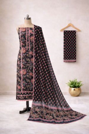 black floral cotton suit set for women with printed dupatta | elegant designer ethnic wear | house of kaur Black floral printed cotton salwar suit with dupatta displayed on mannequin, elegant ethnic wear for women by House of Kaur