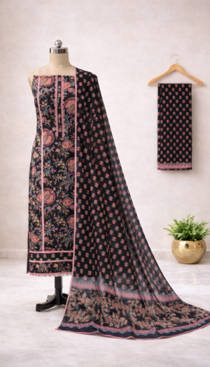Landing Page Black floral printed cotton salwar suit with dupatta displayed on mannequin, elegant ethnic wear for women by House of Kaur