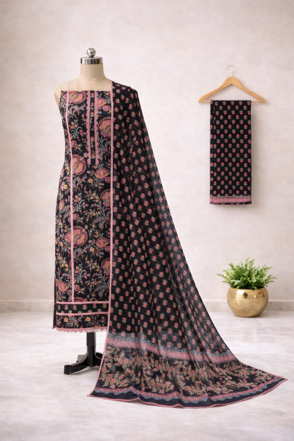 black floral cotton suit set for women with printed dupatta | elegant designer ethnic wear | house of kaur Black floral printed cotton salwar suit with dupatta displayed on mannequin, elegant ethnic wear for women by House of Kaur