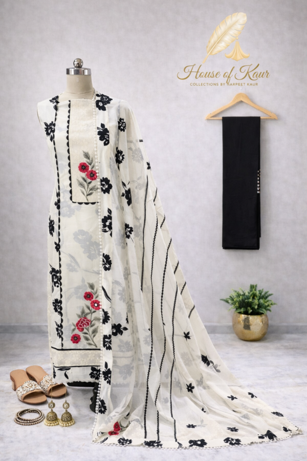 off white floral printed suit set with black dupatta & embroidered panel off-white-floral-printed-suit-set-black-dupatta