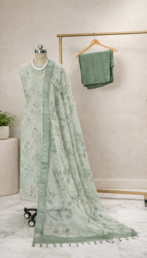 sage green linen cotton suit set for women | pastel designer ethnic wear – house of kaur