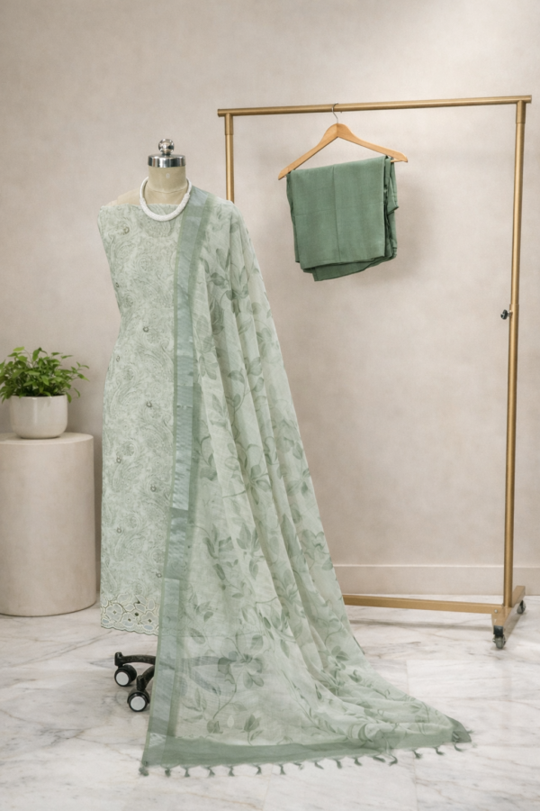 sage green linen cotton suit set for women | pastel designer ethnic wear – house of kaur
