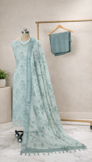 sage green linen cotton suit set for women | pastel designer ethnic wear – house of kaur