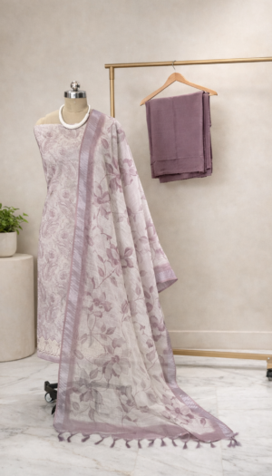 lavender bloom linen cotton suit set for women | premium floral ethnic wear – house of kaur