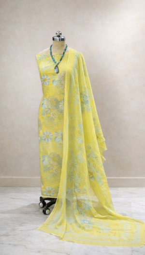 Sunshine Yellow Blooming Floral Linen Cotton Suit Set with Digital Print Dupatta