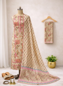 Beige floral cotton suit set for women with printed dupatta and traditional ethnic design