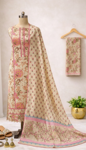 Landing Page Beige floral cotton suit set for women with printed dupatta and traditional ethnic design