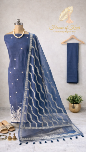 jamdani linen embroidered suit set with dupatta