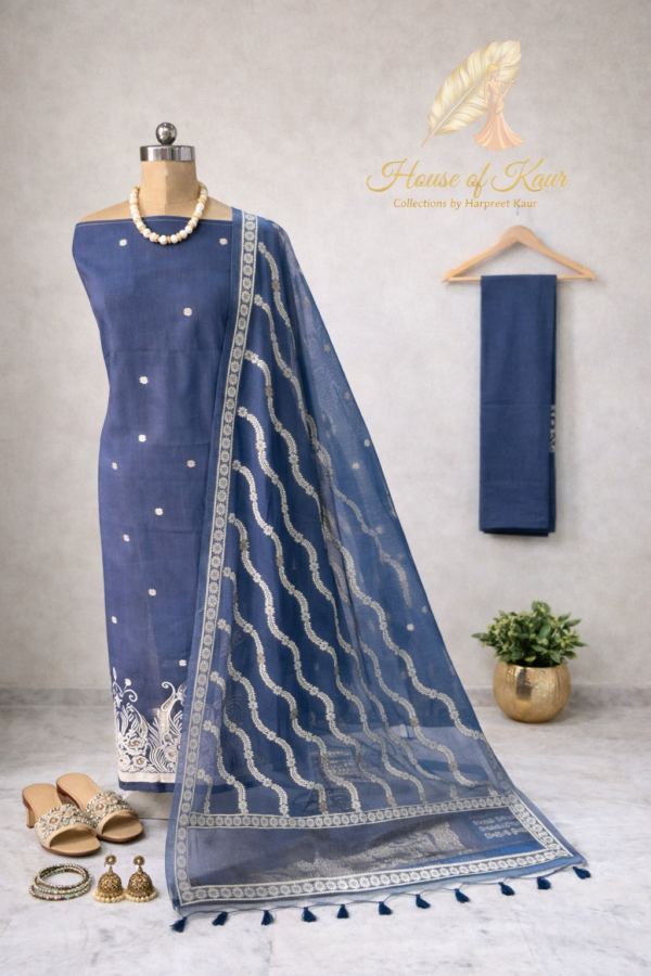 jamdani linen embroidered suit set with dupatta