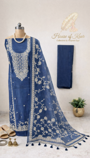 jamdani linen embroidered suit set with dupatta