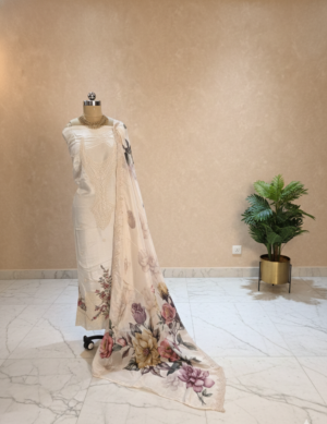 Premium Off-White Organza Embroidered Suit Set with Floral Dupatta & Shantoon Bottom – Elegant Festive & Party Wear for Women