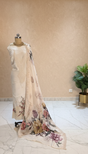 Landing Page Premium Off-White Organza Embroidered Suit Set with Floral Dupatta & Shantoon Bottom – Elegant Festive & Party Wear for Women