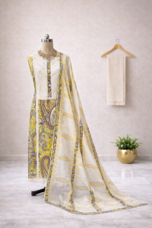 Yellow cotton salwar suit with printed kurta, cotton bottom and cotton dupatta displayed on mannequin in premium studio setup