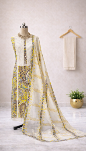 Landing Page Yellow cotton salwar suit with printed kurta, cotton bottom and cotton dupatta displayed on mannequin in premium studio setup