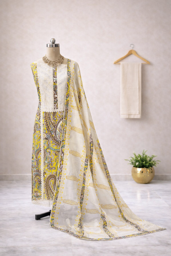Yellow cotton salwar suit with printed kurta, cotton bottom and cotton dupatta displayed on mannequin in premium studio setup