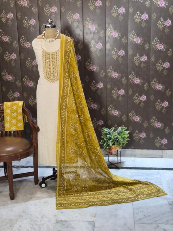 elegant mustard cotton suit set with soft muslin dupatta